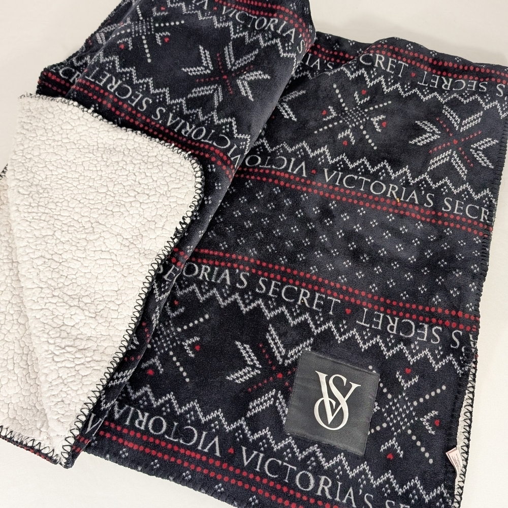 Victoria's Secret Branded Black, Grey and Red Warm Plush & Sherpa Blanket